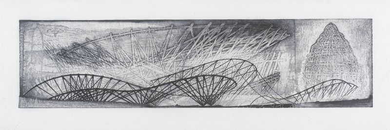 A graphite on paper panoramic drawing titled New Frontier by Stephen Talasnik.