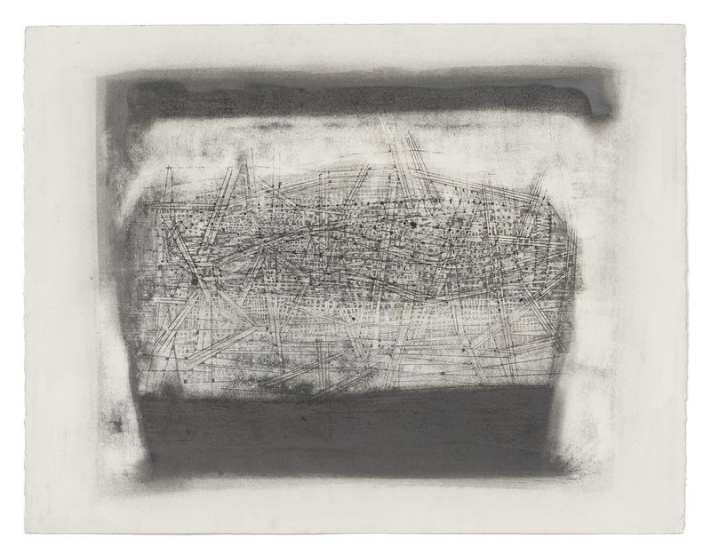 A graphite on paper drawing titled Floating City No. 2 by Stephen Talasnik.