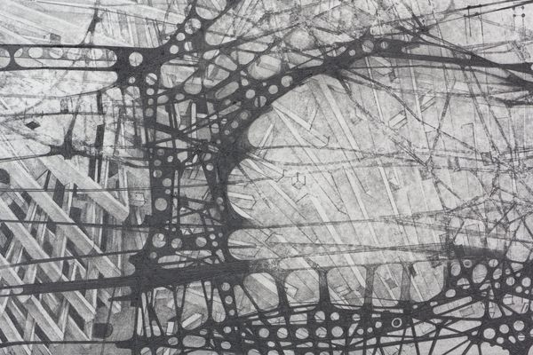 A detail image of a graphite on paper drawing titled Stadia by Stephen Talasnik.