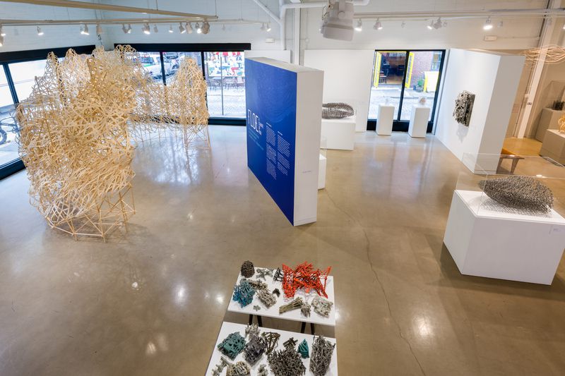 An overview of a part of the exhibition FLOE: A Climate of Risk, The Fictional Archaeology of Stephen Talasnik, at Museum for Art in Wood, Philadelphia, PA