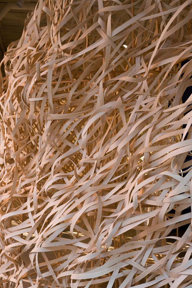 A detail of a woven flat reed installation titled Glacier, part of the exhibition FLOE: A Climate of Risk, The Fictional Archaeology of Stephen Talasnik, at Museum for Art in Wood, Philadelphia, PA