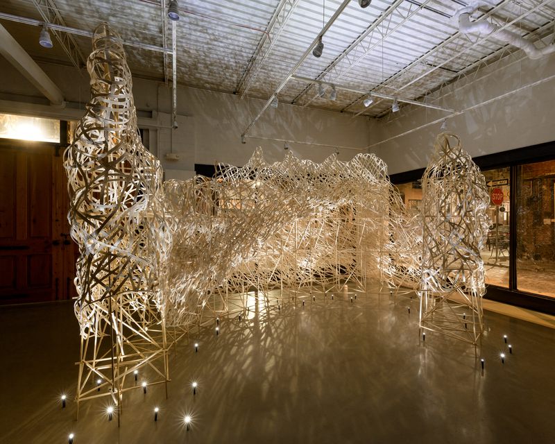 A woven flat reed installation titled Glacier, part of the exhibition FLOE: A Climate of Risk, The Fictional Archaeology of Stephen Talasnik, at Museum for Art in Wood, Philadelphia, PA