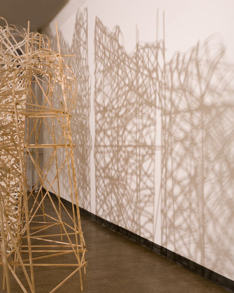 A woven flat reed installation titled Glacier by Stephen Talasnik at Court Tree Collective in Brooklyn, NY.