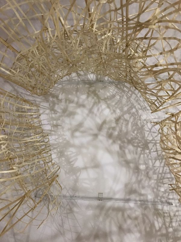 A woven flat reed installation titled Hive: Berlin by Stephen Talasnik, photographed while under construction at Architektur Galerie, Berlin.
