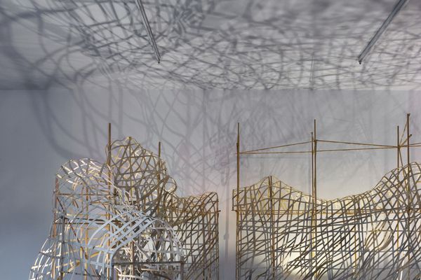 A woven flat reed installation titled Hive: Berlin by Stephen Talasnik at Architektur Galerie, Berlin.