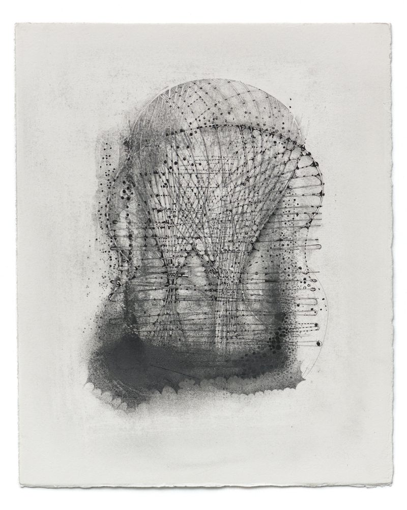 A graphite and ink on paper drawing titled Aerial by Stephen Talasnik.