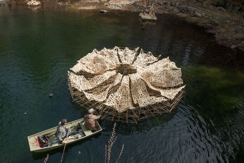 A large wooden floating installation titled Sanctuary by Stephen Talasnik.